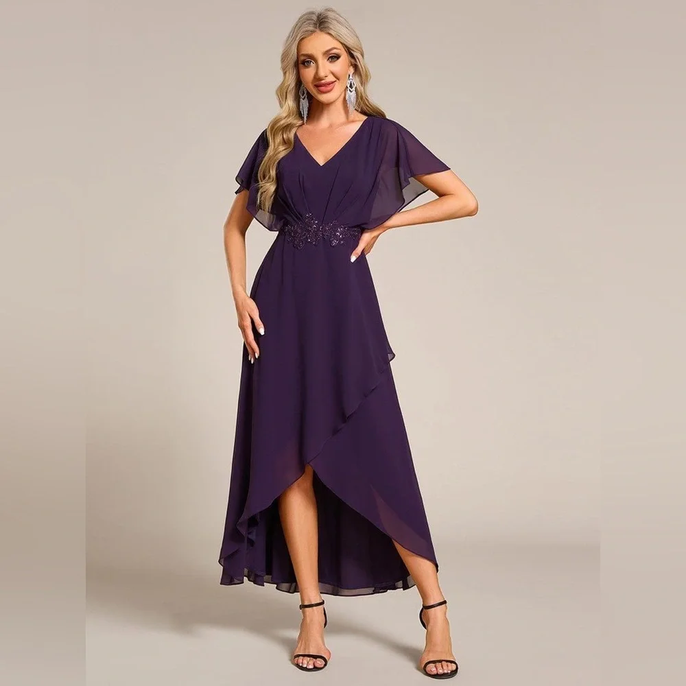 NWT Ever Pretty Elegant A-line Waist Appliqué Ruffled Dress, Purple, Size 0XL